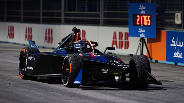 An electric race car on the track