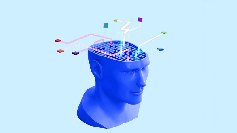 A blue, stylized human head with a maze inside its open cranium. Colorful lines extend from the maze's exits, suggesting complex problem-solving or the flow of information through a neural network.