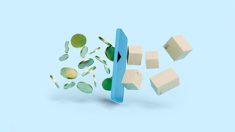 A blue cell phone floats in the middle of the frame while gold coins move towards it on the left side and cardboard shipping boxes move out from the right side. The scene is set against a light blue background.