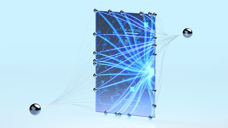 A 3D rendering of a translucent glass panel resembling a circuit board, with glowing blue lines representing data streams. Multiple metallic spheres are connected to the panel by thin lines, visually illustrating a network or interconnected system.